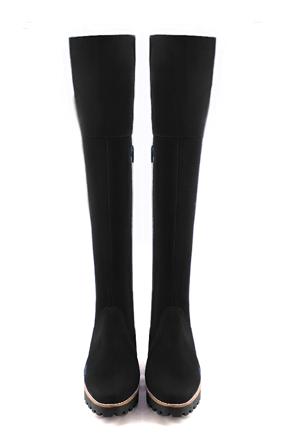 Matt black women's leather thigh-high boots. Round toe. Low rubber soles. Made to measure. Top view - Florence KOOIJMAN